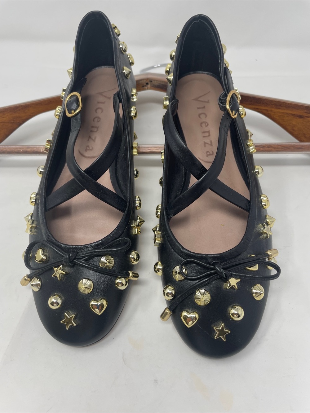 Vicenza Black Leather Studded Ballet Flats with Gold Accents Size 6